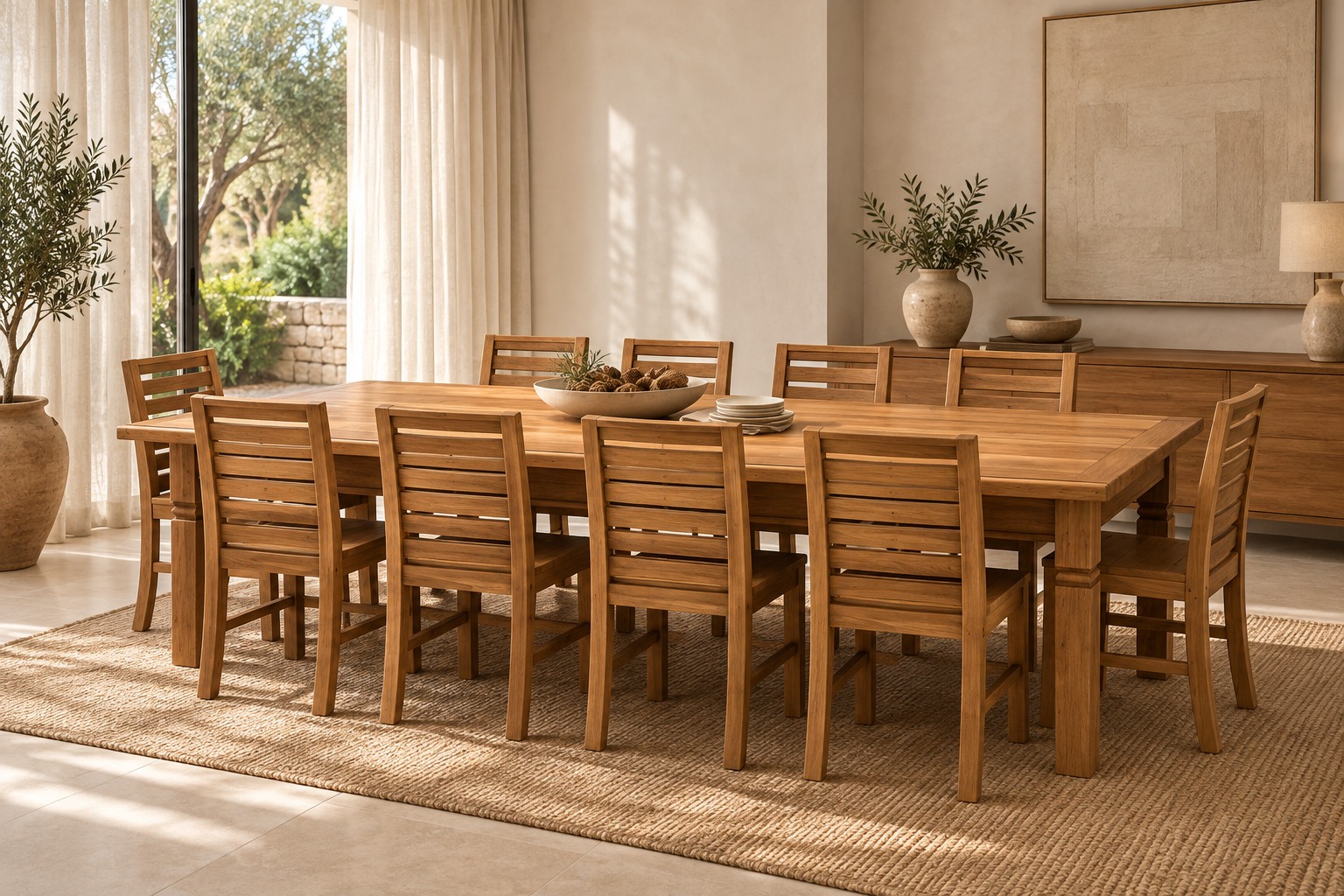 Sala de jantar com mesa e cadeiras de madeira — ambientação por IA
